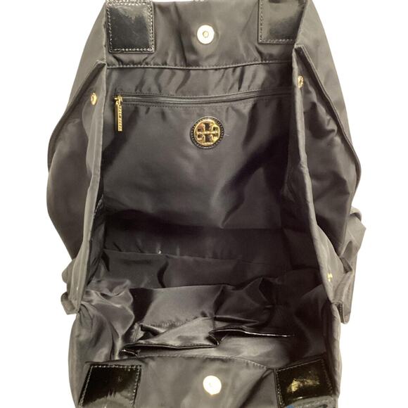 Tory Burch Ella Tote Bag Large Black Patent Leather Logo Nylon - Picture 3 of 7